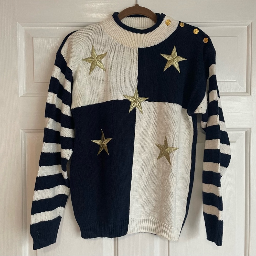 Maurada Vintage Nautical Coastal Stars Navy and White Striped Sweater